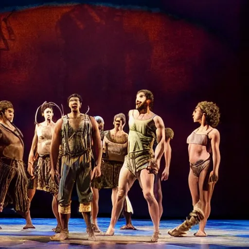 Prompt: award winning Production photo of David and Goliath on broadway, dancing, singing, costumes by Julie Taymor, set design by Julie Taymor