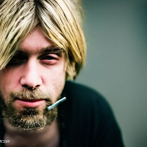 Prompt: Kurt Cobain smoking weed EOS-1D, f/1.4, ISO 200, 1/160s, 8K, RAW, unedited, symmetrical balance, in-frame