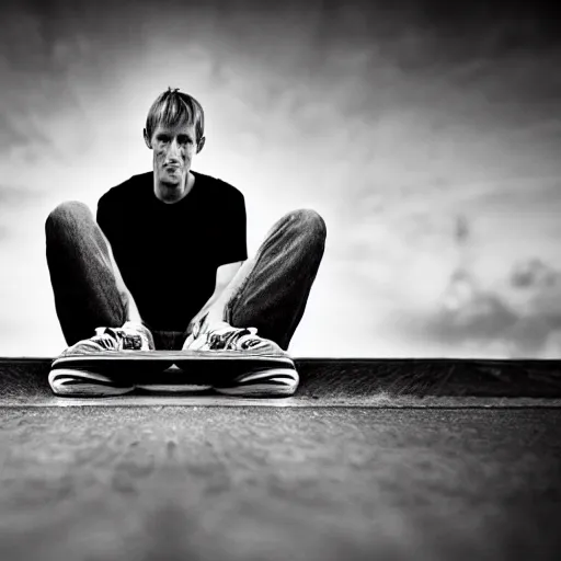 Prompt: tony hawk with no legs, photograph, black and white, emotional lighting, moody shadows, 4 k