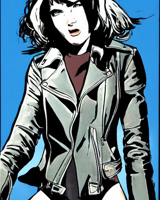 Image similar to young female protagonist in leather jacket, city street, artwork by frank miller