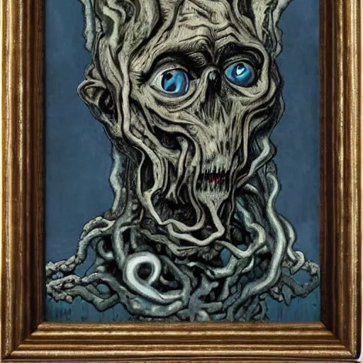 Image similar to unknowable lovecraftian monster with a human face, portrait, Renaissance painting, vincent van gough,, Michelangelo, dark, gothic