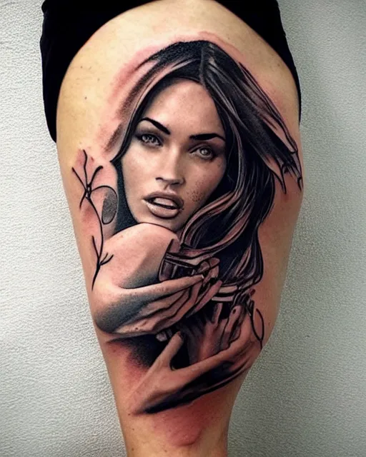 Prompt: creative double exposure effect tattoo design sketch of megan fox and beautiful mountain scenery, realism tattoo, in the style of matteo pasqualin, amazing detail, sharp