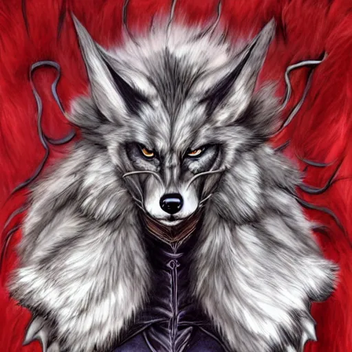 Prompt: a portrait of an anthropomorphic wolf, furry fursona, black cape, long fangs, by ayami kojima, castlevania symphony of the night, correct wolf muzzle, full body, flowing cape, large red eyes!!!