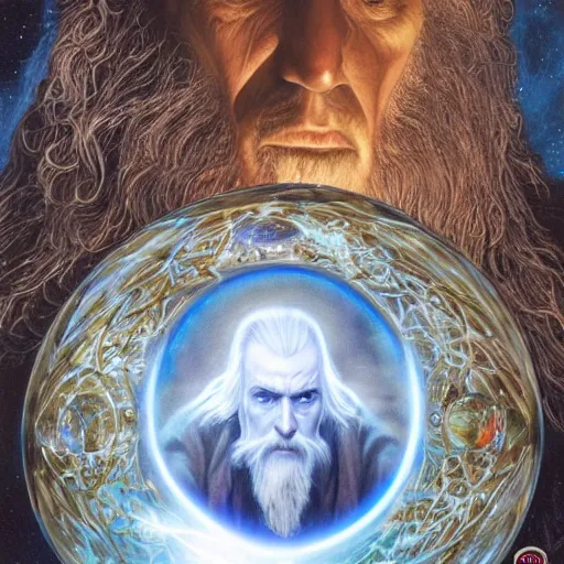 Prompt: majestic Saruman the wise white shimmer wizard gazing at dark Palantir crystal ball by Mark Brooks, Donato Giancola, Victor Nizovtsev, Scarlett Hooft, Graafland, Chris Moore