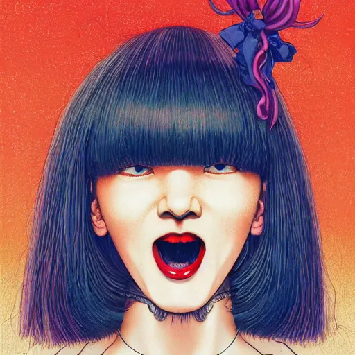 Image similar to portrait of crazy screaming beautiful singer sia kate isobelle furler, big ribbon, ymmetrical, by yoichi hatakenaka, masamune shirow, josan gonzales and dan mumford, ayami kojima, takato yamamoto, barclay shaw, karol bak, yukito kishiro