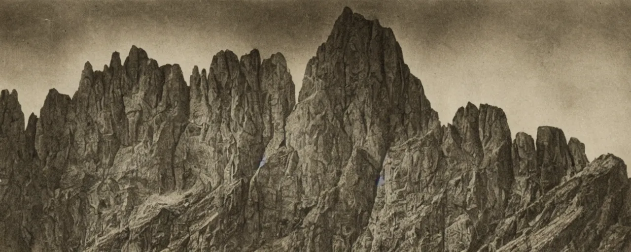 Image similar to 1920s photography of terrifying dolomites dark with occult signs