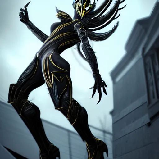 Image similar to beautiful and stunning giant valkyr female warframe, doing an elegant pose over you, you looking up at her from the ground pov shot, unaware of your existence, slick elegant design, sharp claws, detailed shot legs-up, highly detailed art, epic cinematic shot, realistic, professional digital art, high end digital art, furry art, DeviantArt, artstation, Furaffinity, 8k HD render, epic lighting, depth of field