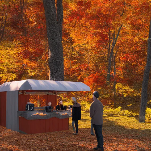 Image similar to pumpkin headed people ordering coffee at a coffee stand, maple trees with fall foliage, on a mountain in new hampshire, volumetric, realistic, cinematic lighting, ray tracing, unreal engine 5, octane render, hyper realistic, photo, 8 k