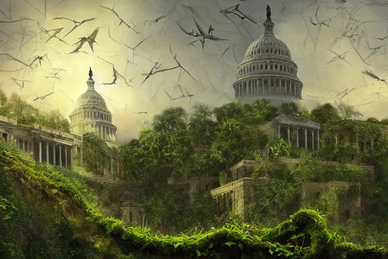 Prompt: an epic landscape view of vines and moss growing on the us capitol building, jungle, with pterosaurs flying, close - up, low angle, wide angle, atmospheric, volumetric lighting, cinematic, very realistic, sharp, highly detailed digital art, painted by tyler edlin