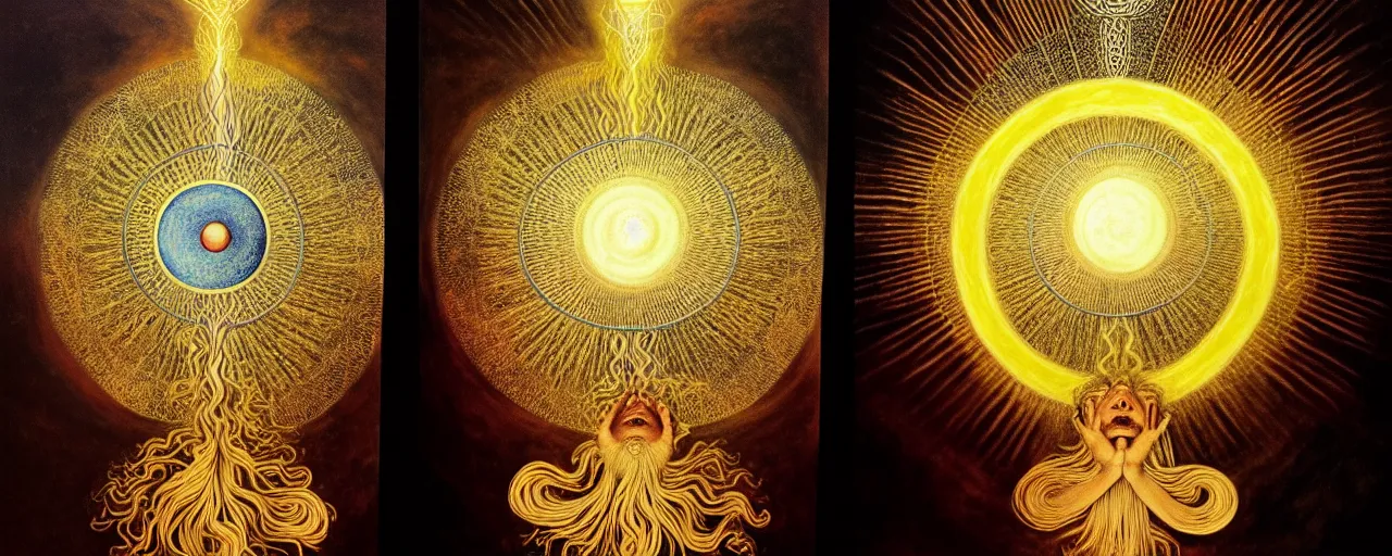 Prompt: a golden child radiates a unique canto'as above so below'while being ignited by the spirit of haeckel and robert fludd, breakthrough is iminent, glory be to the magic within, in honor of saturn, painted by ronny khalil