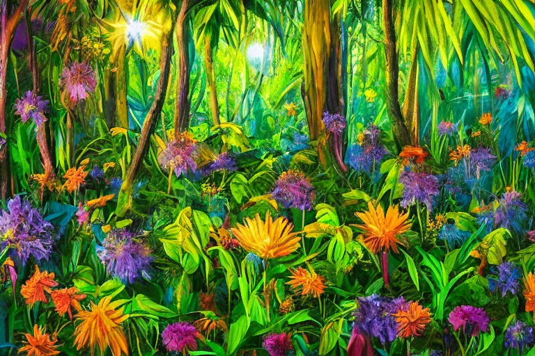 Image similar to A flowery meadow at the edge of a dense rainforest jungle, ultraviolet photography, oil painting