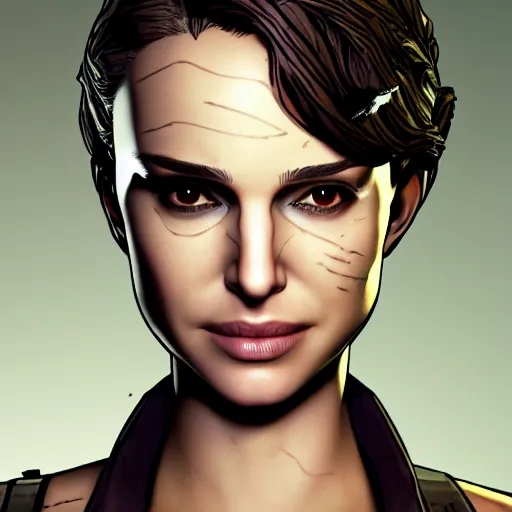 Image similar to natalie portman portrait, borderlands, tales from the borderlands, the wolf among us, comic, cinematic lighting, studio quality, 8 k