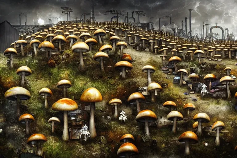 Image similar to favela mushroom beehive, fungus environment, industrial factory, apocalyptic, award winning art, epic dreamlike fantasy landscape, ultra realistic,