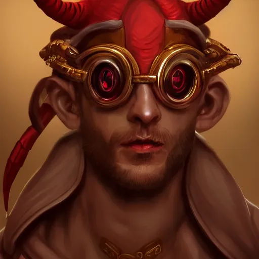 Image similar to Red skinned Male Tiefling alchemist with gold rimmed goggles and long horns, highly detailed, ominous, artgerm, digital illustration, concept art, 8k, trending on artstation