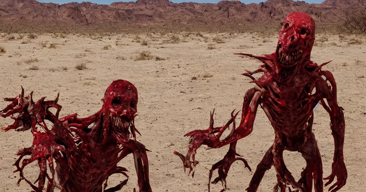 Image similar to in the desert a bloody gross horrifying The Thing creature made of muscle and bone and blood stares at the camera, eating, mid day, 35mm photography, realistic,