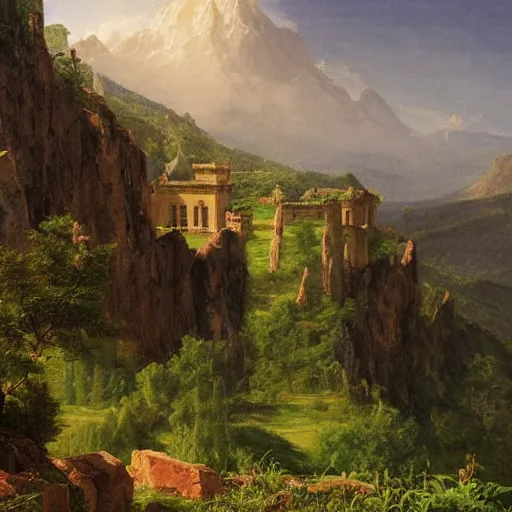 Image similar to A large, sprawling stone castle carved out of the side of a mountain, overlooking a distant magical tree in the meadow, by Thomas Cole and Albert Bierstadt