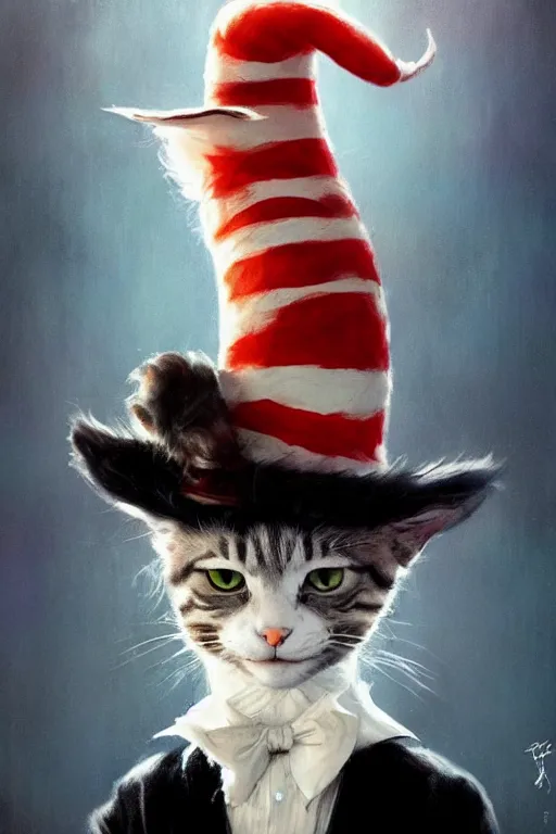 Image similar to the cat in the hat, scary, cinematic, concept art by greg rutkowski and artgerm and dr seuss