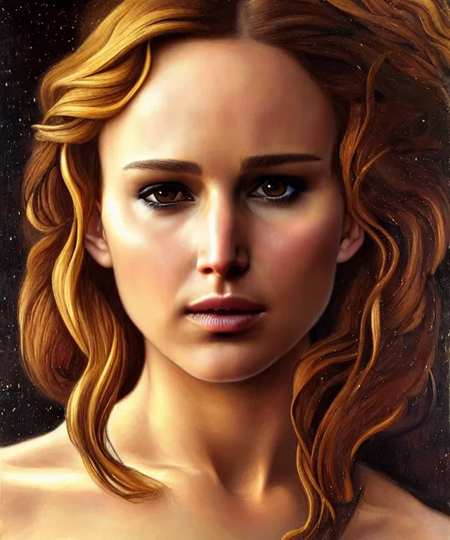 Prompt: half nathalie portman half Jennifer lawrence a fantasy magic woman portrait by Sandro Botticelli, oil painting masterpiece, sci-fi, amber eyes, face, long hair, fantasy, intricate, elegant, highly detailed, digital painting, artstation, concept art, smooth, sharp focus, illustration, art by artgerm and greg rutkowski and alphonse mucha