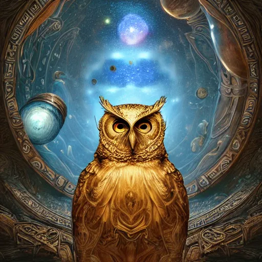 Prompt: the portrait of a smiling golden owl in the depths of the universe, an ultrafine hyperdetailed illustration by kim jung gi, irakli nadar, intricate linework, bright colors, octopath traveler, final fantasy, unreal engine 5 highly rendered, global illumination, radiant light, detailed and intricate environment, - w 9 6 0