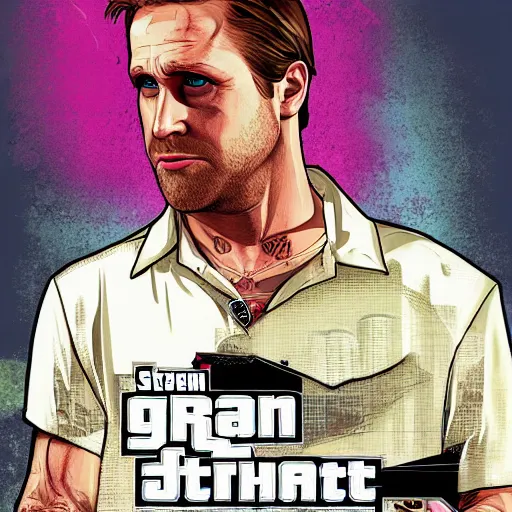 Image similar to gta v covert art by stephen bliss of ryan gosling