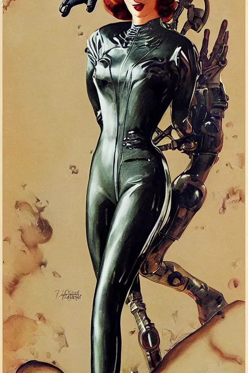 Image similar to 5 0 s pulp scifi fantasy illustration full body portrait elegant woman wearing latex spacesuit with biomech arms, by norman rockwell, roberto ferri, daniel gerhartz, jack kirby, earle bergey, ruan jia, jason fabok, tom lovell, alex malveda, dean cornwell, astounding stories, amazing, fantasy, other worlds