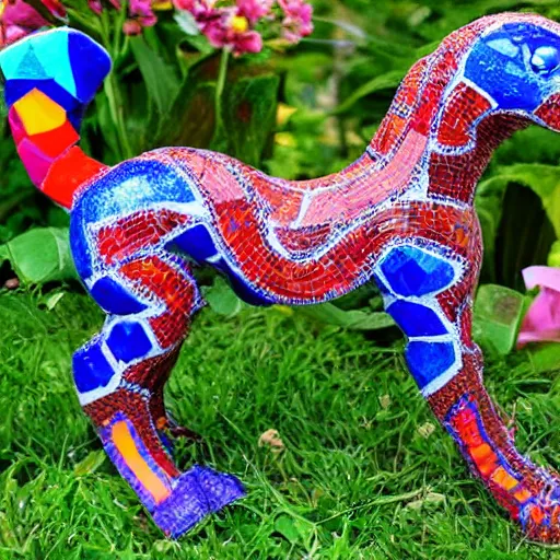 Image similar to mosaic sculpture of a alebrije chimera!!!, irregularly shaped mosaic tiles, hand glazed pottery shards, in the style of folk art, in a cottagecore flower garden