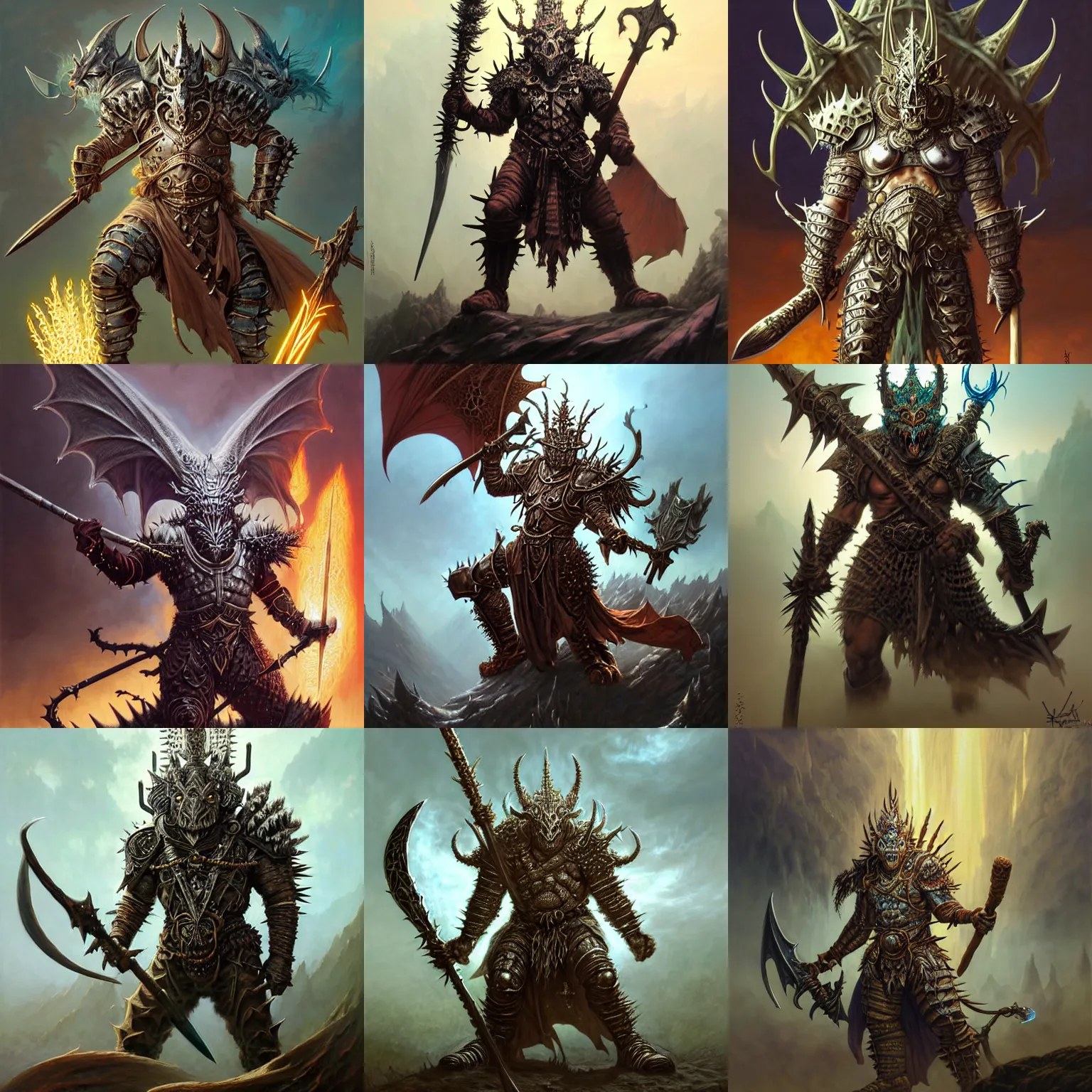 Prompt: fantasy character portrait, orc king in spiky armor with an aura, wearing a'dragon mask ', sitting on'tiger cavalry ', holding an axe, ultra realistic, wide angle, intricate details, highly detailed by peter mohrbacher, hajime sorayama, wayne barlowe, boris vallejo, aaron horkey, gaston bussiere, craig mullins