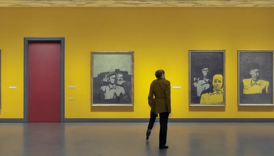 Image similar to 60s movie still of a sovietic stalinist style empty art museum with a soviet congress with yellow wall, REVOLOG KOLOR, liminal Space style, heavy grain