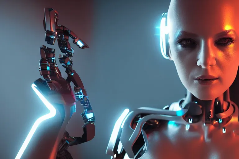 Prompt: cyberpunk cyborg woman concept inspired, futuristic look, highly detailed body, very powerful, photorealistic camera shot, bright studio setting, studio lighting, crisp quality and light reflections, unreal engine 5 quality render