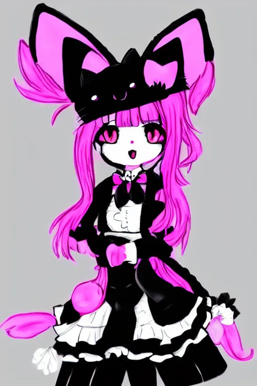 Image similar to Anime anthro cat with black fur, pink hair, and pink eyes in Gothic Lolita maid costume wearing small top hat in the style of Artstation