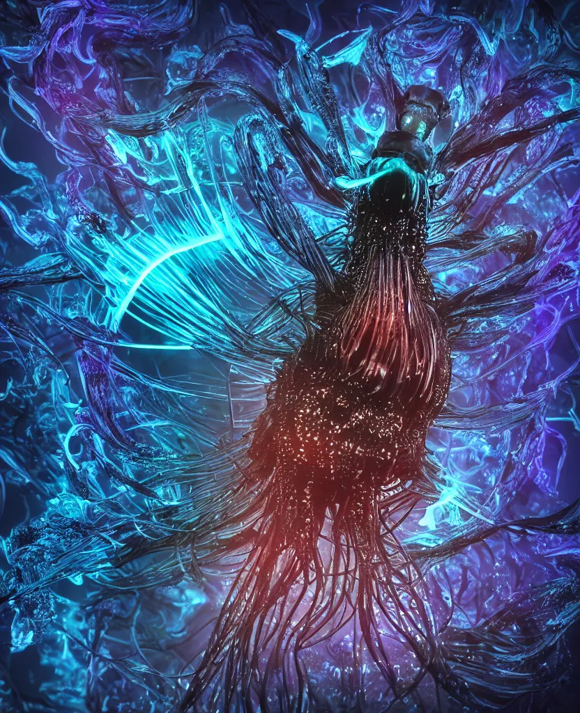 Image similar to close-up macro portrait of the face of a dark queen princess, epic angle, epic pose, symmetrical artwork, 3d with depth of field, blurred background. cybernetic jellyfish phoenix bird, translucent, nautilus. energy flows of water and fire. a highly detailed epic cinematic concept art CG render. made in Maya, Blender and Photoshop, octane render, excellent composition, cinematic dystopian brutalist atmosphere, dynamic dramatic cinematic lighting, aesthetic, very inspirational, arthouse. y Greg Rutkowski, Ilya Kuvshinov, WLOP, Stanley Artgerm Lau, Ruan Jia and Fenghua Zhong