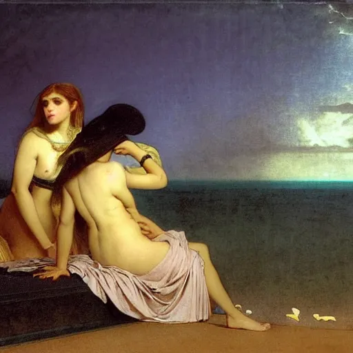 Image similar to Silhouette of two girls at the palace, thunderstorm, greek pool, beach and palm trees on the background major arcana sky, by paul delaroche, alphonse mucha and arnold böcklin arnold böcklin hyperrealistic 8k, very detailed