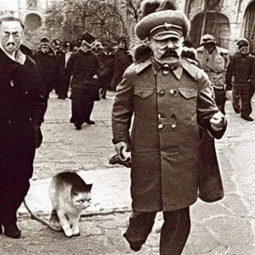 Prompt: Communist Cat, walking with Stalin,