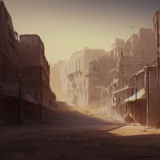 Image similar to dusty old town in the middle of desert surrounded by sandstorm, scorching heat, sun, midday, concept art, sharp, artstation, cgsociety