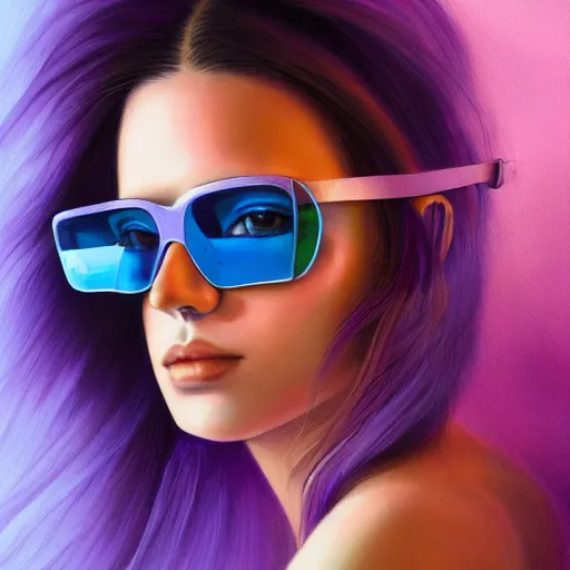 Image similar to closeup painting of a very beautiful young mexican cyberpunk woman with a smirk, wearing light blue shutter shades and a purple coloured leather jacket, one side haircut, long brown hair with light blue ends, portrait, hyperdetailed, artstation, cgsociety, 8 k, synthwave by tangerine dream, by jean - michel jarre, by vangelis, by john carpenter