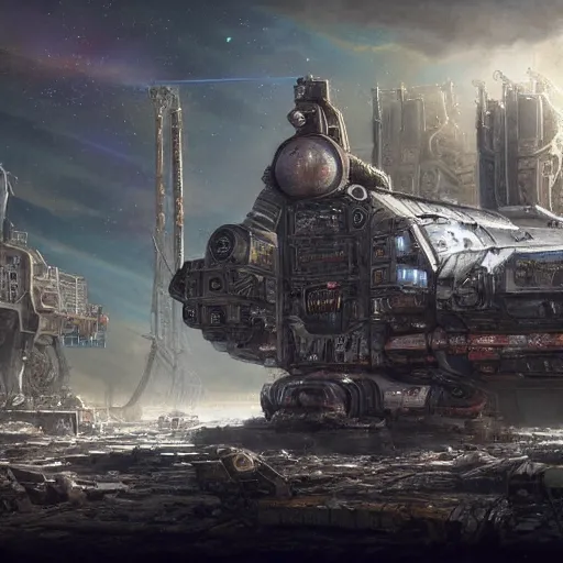 Image similar to a beautiful highly detailed matte painting of a huge derelict cargo starship, Space Hulk, WarHammer 40k by Jose Daniel Cabrera Pena and Leonid Kozienko, concept art