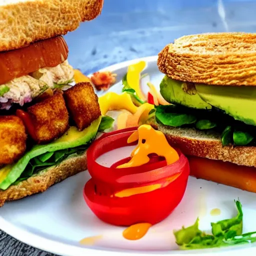 Image similar to sandwich with fried tofu, one tomato slice, mayonaisse, one onion ring, avocado, melted cheddar, over a dish that is over a table, with a sunset and rainbow in the background with saturn and stars in the sky