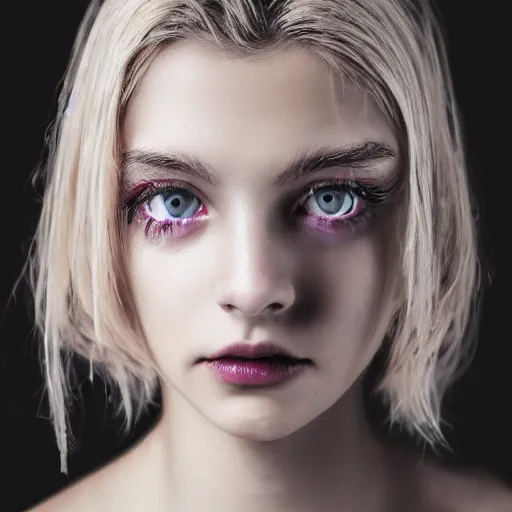 Image similar to A gorgeous blonde, grungy, glowing eyes, modelsociety, radiant skin, huge anime eyes, bright on black, dramatic, cinematic, studio lighting, perfect face, intricate, Sony a7R IV, symmetric balance, polarizing filter, Photolab, Lightroom, 4K, Dolby Vision, Photography Award