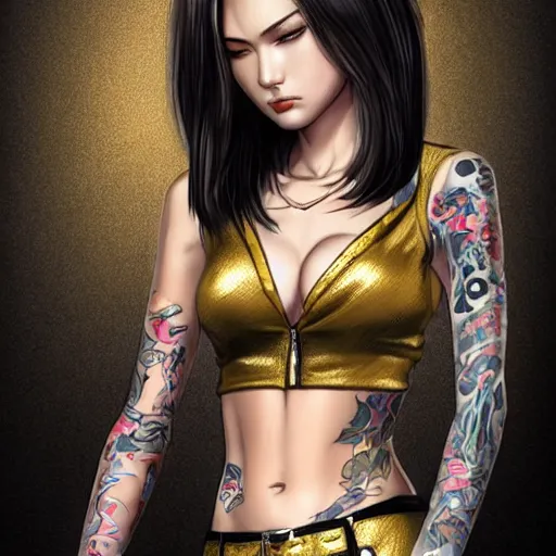 Image similar to yakuza slim girl, gold suit jacket in snake print, jacket over bare torso, yakuza tattoo on body, black short curtain haircut, black leather pants with black belt, elegant, 2d, ultra highly detailed, digital painting, smooth, sharp focus, artstation, art by artgerm, rossdraws