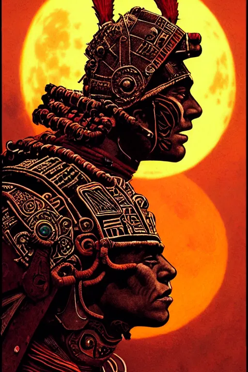 Prompt: aztec warrior, character portrait, portrait, close up, concept art, intricate details, highly detailed, blood moon background, soft light, vintage sci - fi poster, in the style of chris foss, rodger dean, moebius, michael whelan, and gustave dore