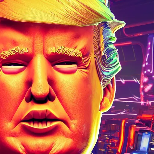 Prompt: glowwave portrait of donald trump from borderlands 3, au naturel, hyper detailed, digital art, trending in artstation, cinematic lighting, studio quality, smooth render, unreal engine 5 rendered, octane rendered, art style by klimt