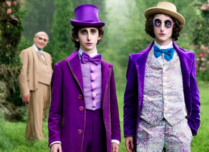 Image similar to film still of 26 year old Timothée Chalamet age 26 26 years old age 26 as Willy Wonka in new Willy Wonka movie, 4k
