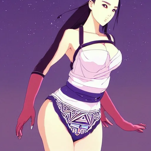 Image similar to a beautiful plus sized model japanese natalie portman, alluring plus sized model, wearing mayan leotard with elegant mayan apron overalls, street fashion hip hop style with mayan patterns, aztec street fashion, gapmoe yandere grimdark, trending on pixiv fanbox, painted by greg rutkowski makoto shinkai takashi takeuchi studio ghibli, akihiko yoshida