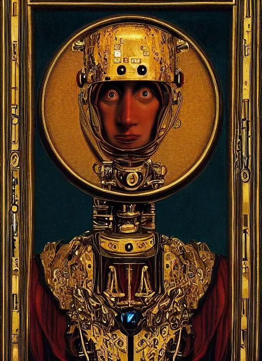 Image similar to a portrait of a shiny metallic renaissance steampunk robot, in the style of Jan van Eyck,