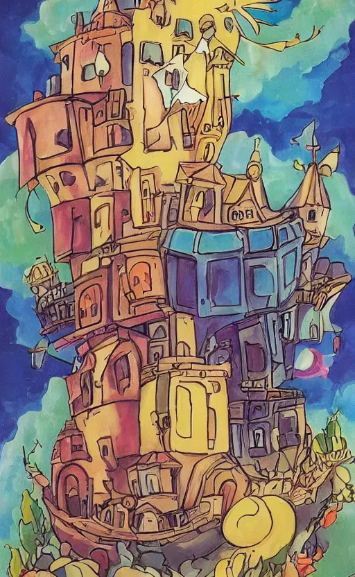 Prompt: howl's moving castle in the style of Mary Blair