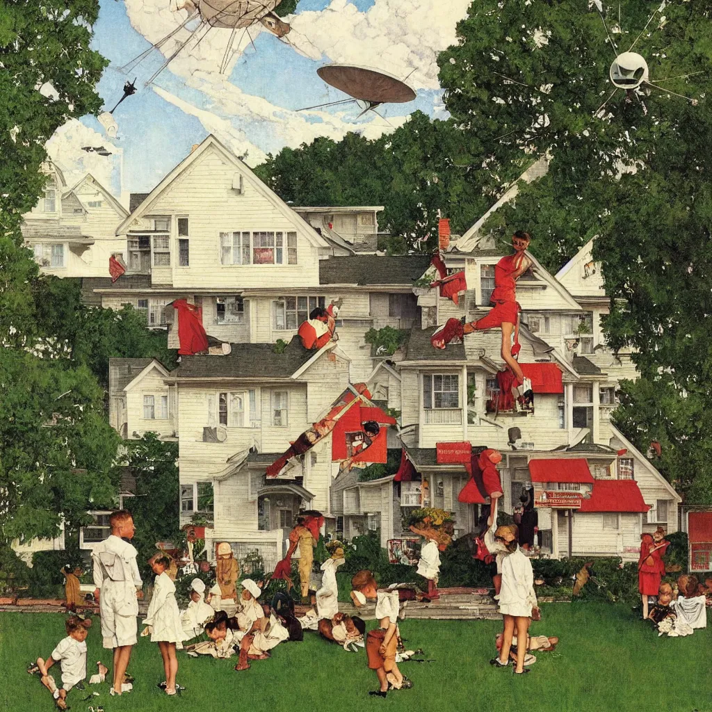 Prompt: Norman Rockwell painting of an outdoor scene of a peaceful suburban home on a summer day with a subtle massive triangular alien mothership floating above, very wide shot, long shot, Wes Anderson