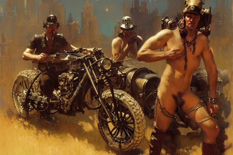 Image similar to dieselpunk, painting by gaston bussiere, craig mullins, j. c. leyendecker, tom of finland