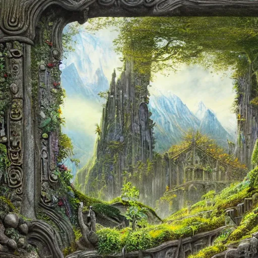 Prompt: a beautiful and highly detailed oil painting of a lost elven temple deep in the mountains, ancient runes, lush plant growth, tall grass, flowers, carved stone, intricate details, epic scale, insanely complex, rivendell, 8 k, sharp focus, hyper realism, fantasy landscape, psychedelic, by caspar friedrich and brian froud,