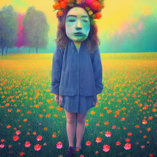 Image similar to girl with one blooming flower as a face, surreal photography, dream, standing in flower field, hills, big trees, sunrise dramatic light, impressionist painting, colorful clouds, digital painting, pointillism, artstation, simon stalenhag, flower face