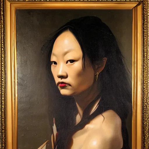 Prompt: jakie chan portrait in medusa by caravaggio style painting oil